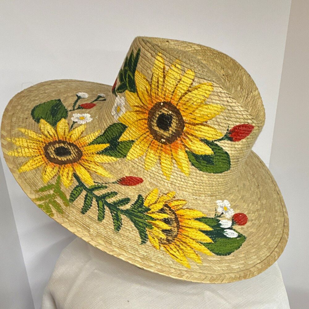Women's Beige Straw Wide Brim Sun Hat - Hand-Painted Sunflower Floral, M